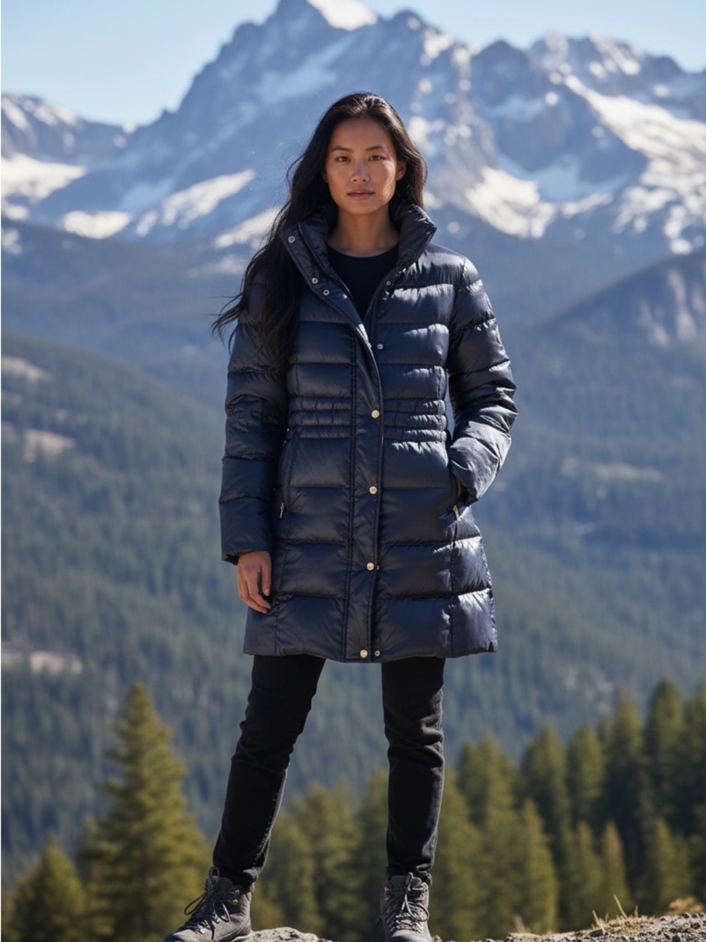 Michael Kors Dark Navy Long Quilted Down Fill Puffer Coat Size L